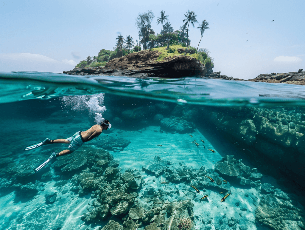 a person swimming under water with a small island in the background